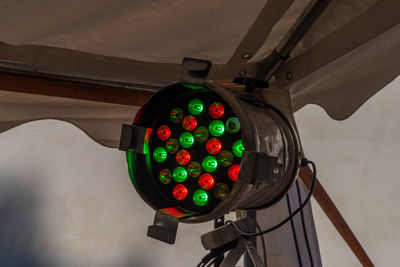 Close-up of illuminated lighting equipment in container