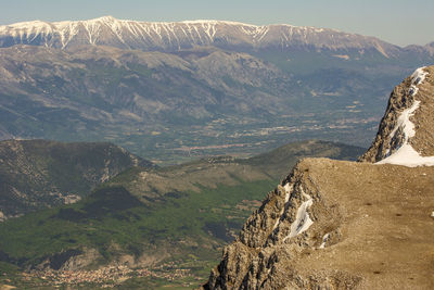 High angle view of landscape against mountain range