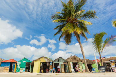 Houses by palm trees on beach against sky