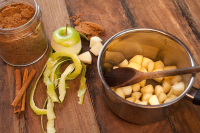 High angle view of fruits in bowl on table