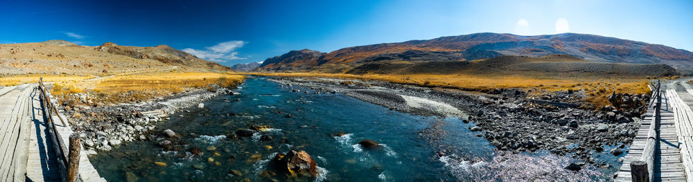 Panoramic view of snowcapped mountains against blue sky