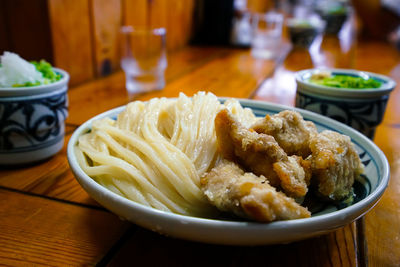 Close-up of meal served on table