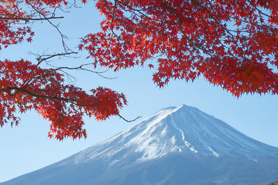 Low angle view of snowcapped mountains against clear sky