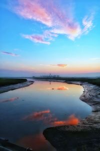 Scenic view of lake against sky at sunset