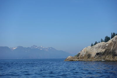 Scenic view of sea and mountains against clear blue sky