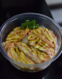 High angle view of noodles in bowl on table