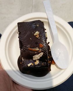 High angle view of cake in plate on table