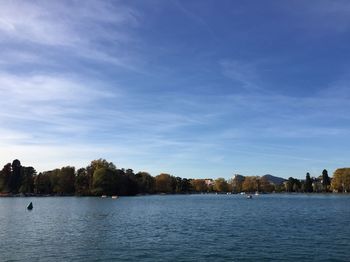 Scenic view of lake against blue sky