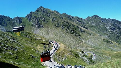 High angle view of transfagarasan highway at balea lake.