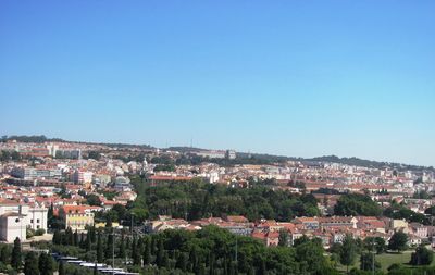 Aerial view of townscape against clear blue sky
