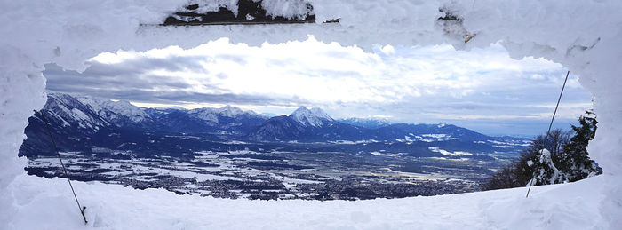 Scenic view of snowcapped mountains against sky