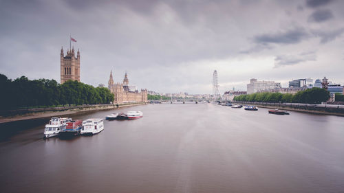 High angle view of boats sailing in thames river against cloudy sky