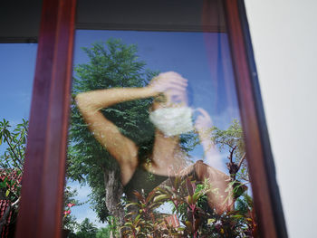 Low angle view of tree by window against sky