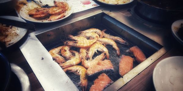 High angle view of meat in container on table