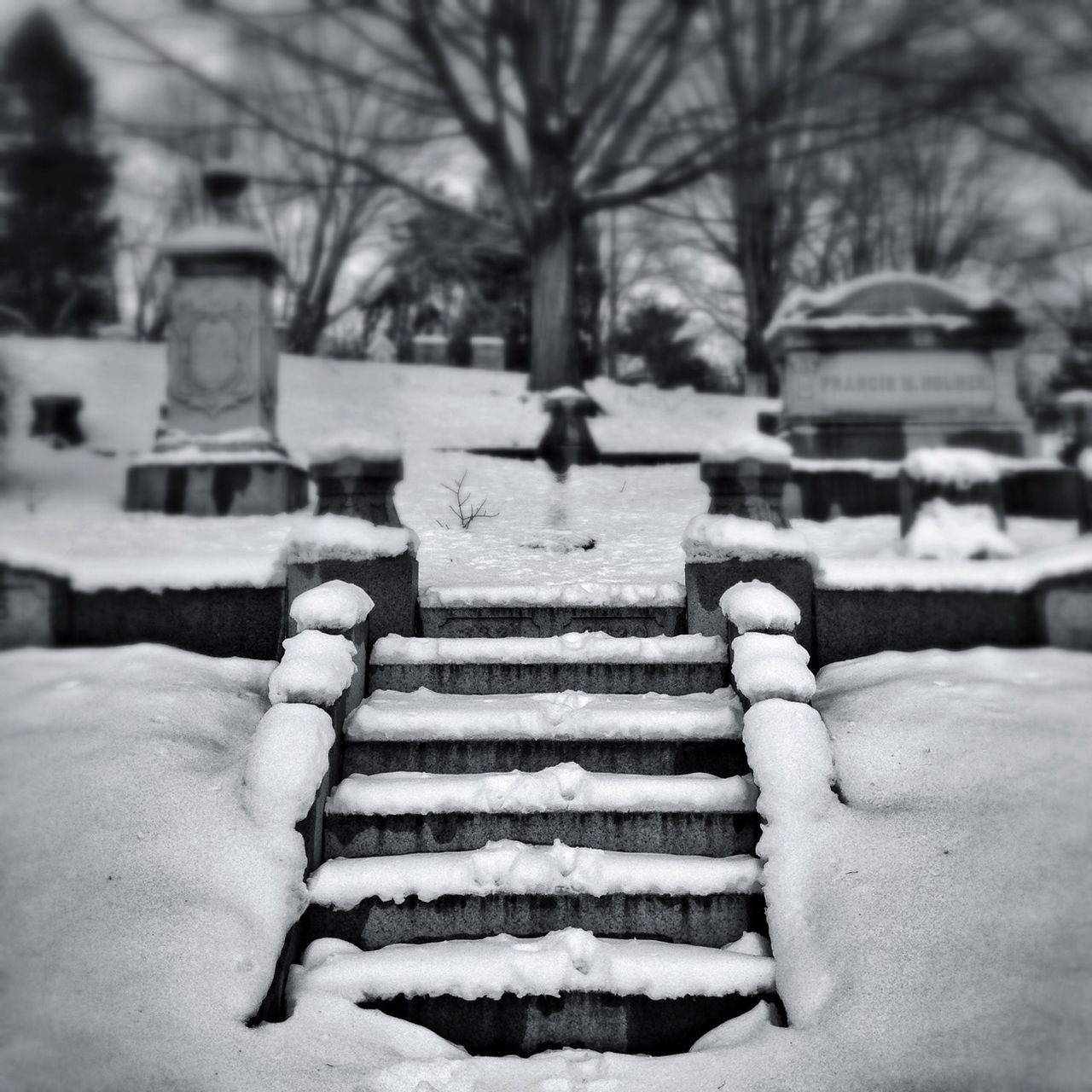 focus on foreground, building exterior, built structure, steps, winter, architecture, tree, snow, lifestyles, cold temperature, street, day, selective focus, outdoors, leisure activity, men, unrecognizable person, bench