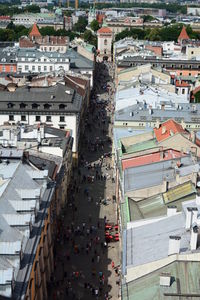 High angle view of buildings in city