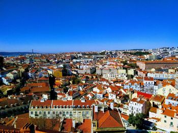 High angle shot of townscape against clear blue sky