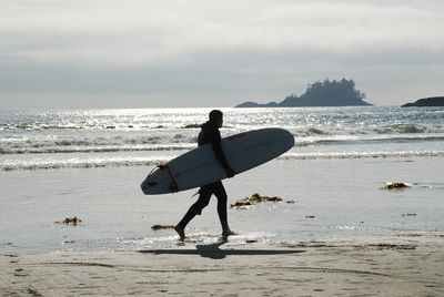 Full length of surfer walking with surfboard on shore at beach