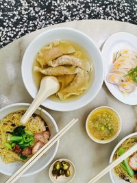 High angle view of meal served on table