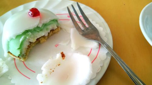 High angle view of dessert in plate on table