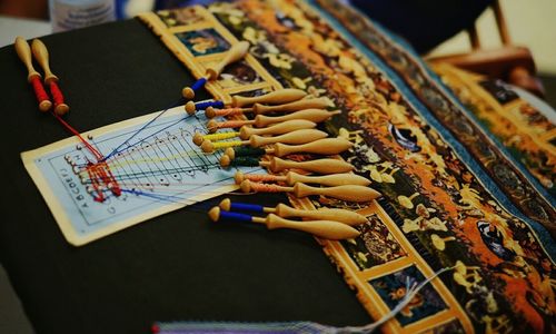 Multi colored objects on table