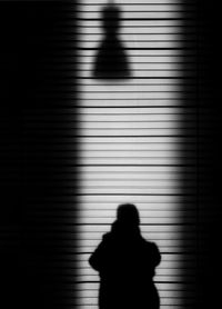 Shadow of person and electric lamp on wall