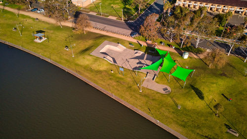 High angle view of swimming pool in field