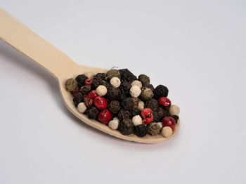 High angle view of candies in plate against white background