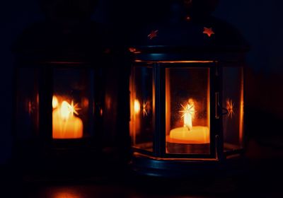 Close-up of illuminated lamp in dark room