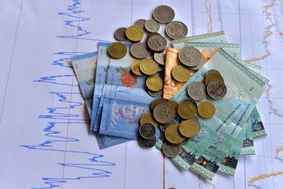 High angle view of coins on paper