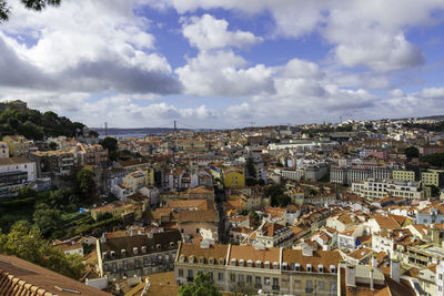 High angle shot of townscape against sky