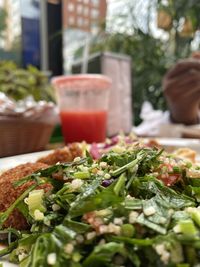 Close-up of meal served on table