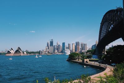 Bridge over river with buildings in background