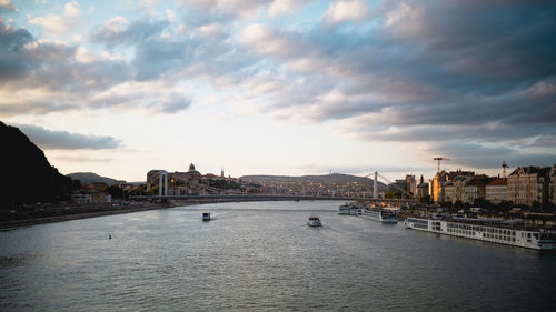 View of city at waterfront against cloudy sky