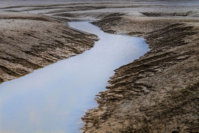 High angle view of rocks on beach against sky