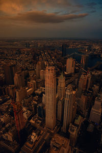 High angle view of city against sky during sunset