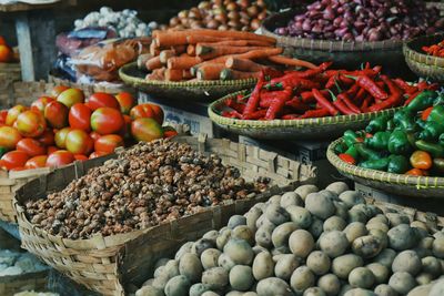 High angle view of vegetables for sale in market