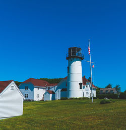 Lighthouse on field by building against clear blue sky