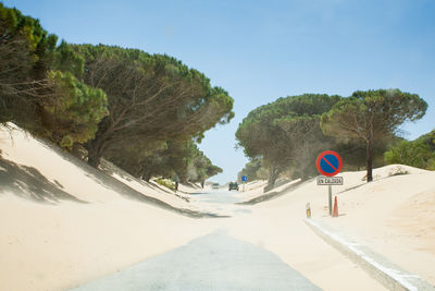 Road sign by trees against sky during winter