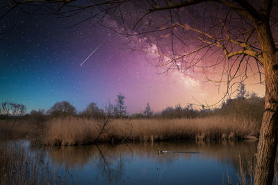 Scenic view of lake against sky at night