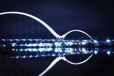 Bridge over river against sky in city at night