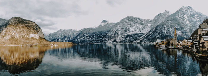 Panoramic view of lake and snowcapped mountains against sky