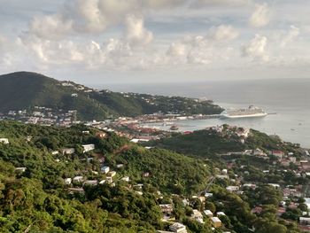 Aerial view of town by sea against sky