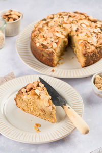 High angle view of cake in plate on table