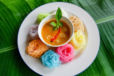 High angle view of food served on table