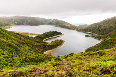 Scenic view of lake and mountains against sky