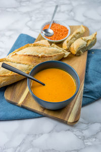 High angle view of bread in bowl on table