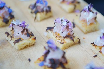 Close-up of appetizers garnish with flower petals