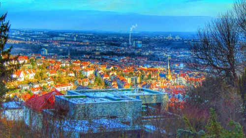 High angle view of townscape against sky in city