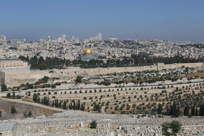 High angle view of buildings in city